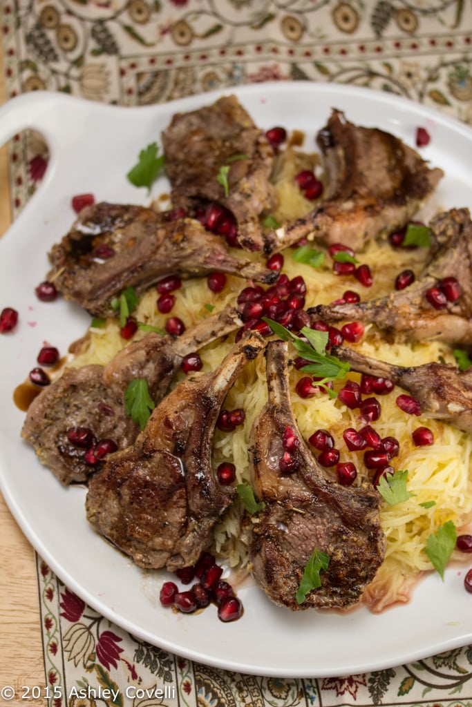 Pan-Seared Lamb Chops Over Roasted Spaghetti Squash w Pomegranate + Aged Balsamic