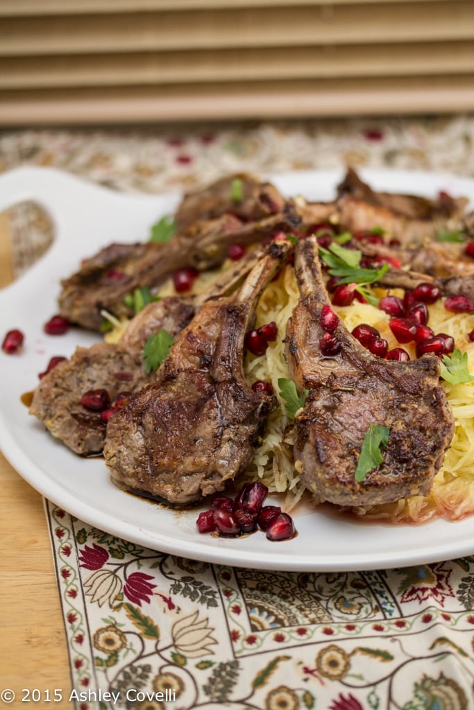 Pan-Seared Lamb Chops Over Roasted Spaghetti Squash w Pomegranate + Aged Balsamic