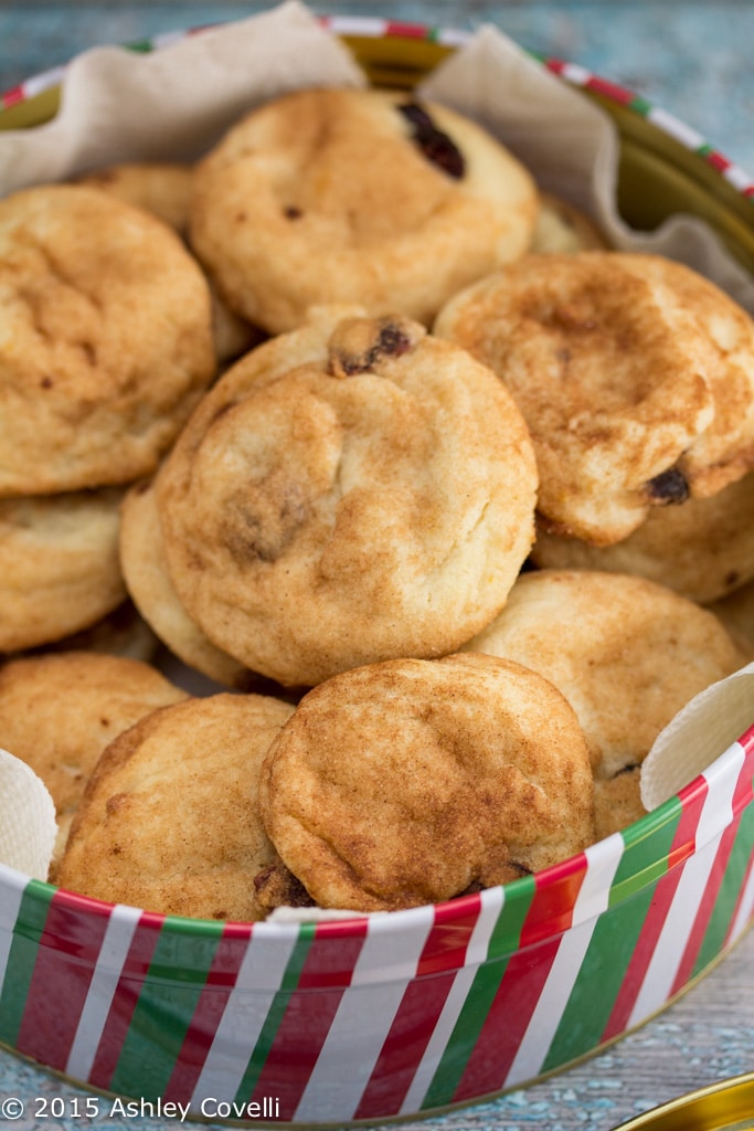 Cranberry Orange Snickerdoodles in a tin.