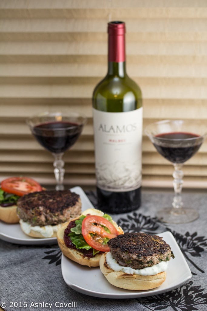 Persian Malbec Lamb Burgers with Mast-o-Khiar and Pomegranate Tomato Jam.