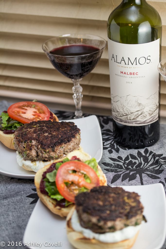 Persian Malbec Lamb Burgers with Mast-o-Khiar and Pomegranate Tomato Jam