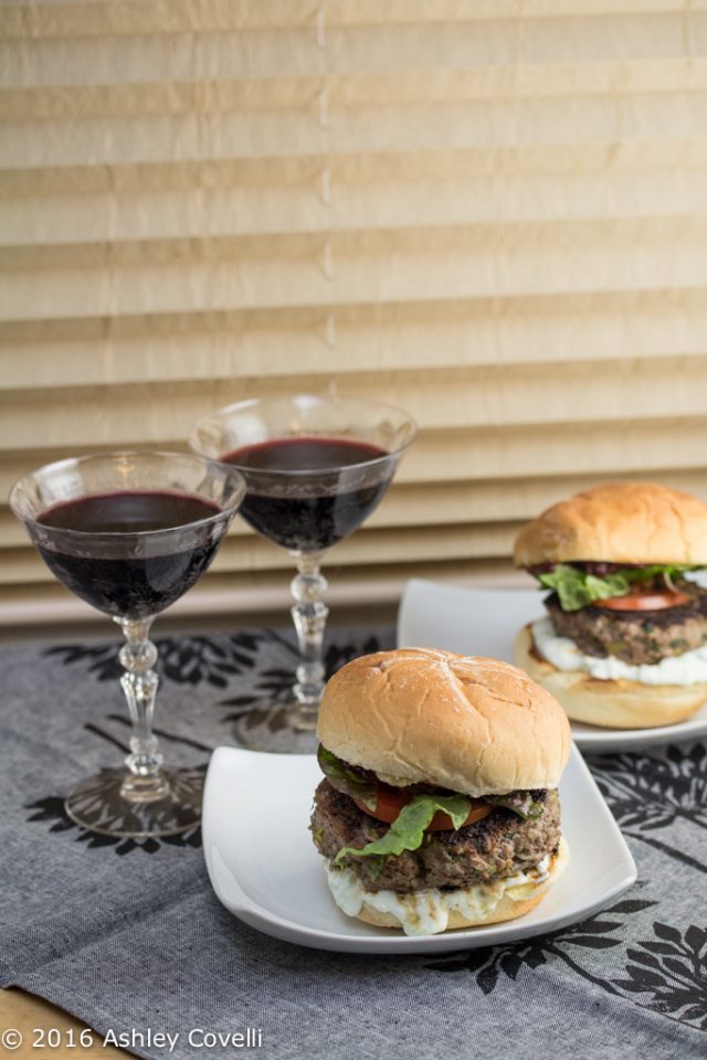 Persian Malbec Lamb Burgers with MastoKhiar and Pomegranate Tomato