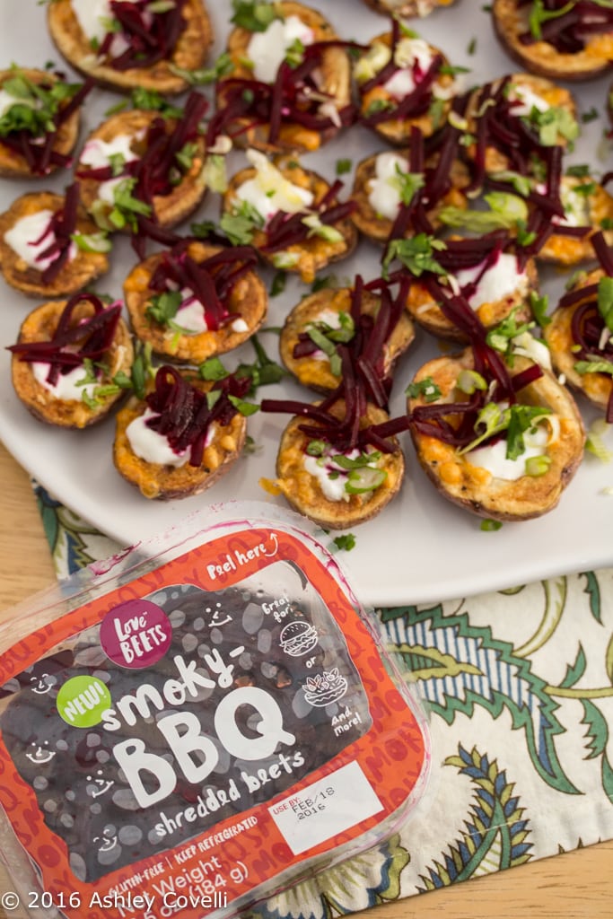 Cheesy Potato Skins with Smoky-BBQ Shredded Beets