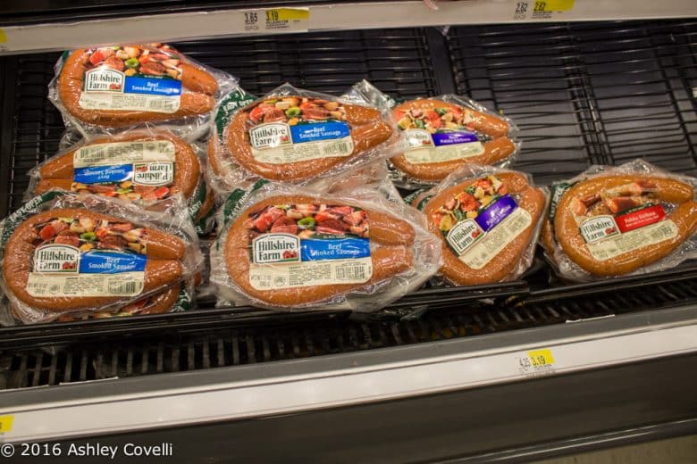 Packages of Hillshire Farm sausages at Target.