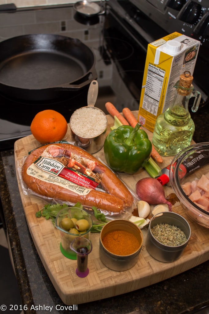 Ingredients to make Spanish chicken + sausage skillet.