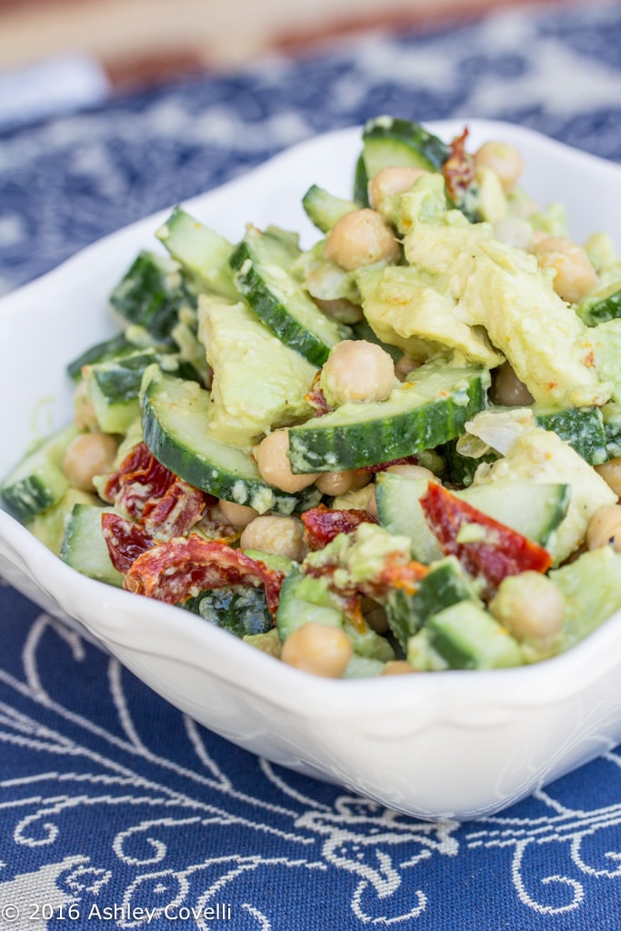 Bowl of Creamy Cucumber, Avocado, Chickpea, & Sun-Dried Tomato Salad