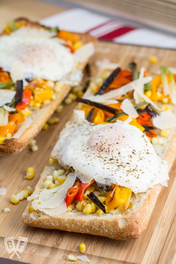 Charred Veggie Ciabatta Pizza with Crispy Fried Eggs + Parmesan: Fire up your broiler for this colorful sheet pan meal!