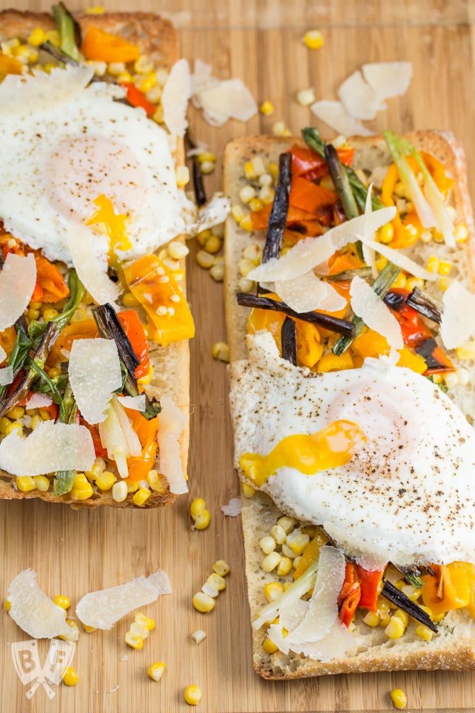 Charred Veggie Ciabatta Pizza with Crispy Fried Eggs + Parmesan: Fire up your broiler for this colorful sheet pan meal!