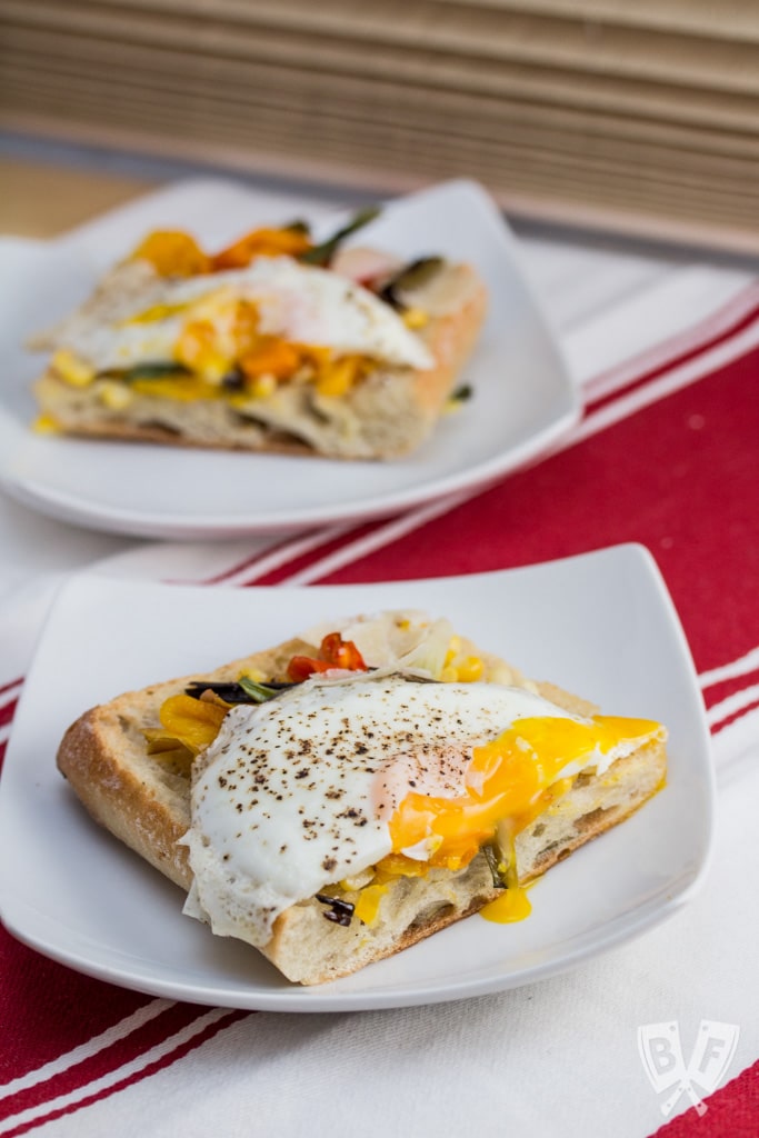 Charred Veggie Ciabatta Pizza with Crispy Fried Eggs + Parmesan: Fire up your broiler for this colorful sheet pan meal!