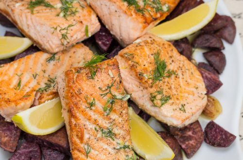 Pan-Seared Salmon with Lemon-Dill Butter + Roasted Purple Sweet Potatoes: Garlic, fresh herbs and citrus elevate the flavor of this simple seafood meal.