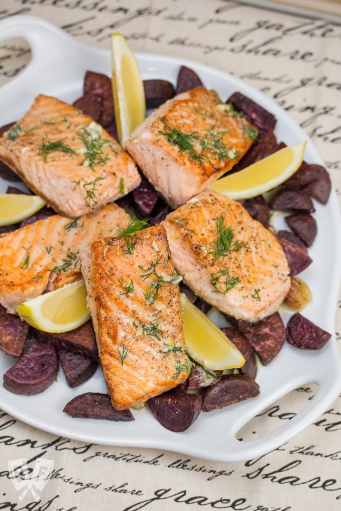 Pan-Seared Salmon with Lemon-Dill Butter + Roasted Purple Sweet Potatoes: Garlic, fresh herbs and citrus elevate the flavor of this simple seafood meal.