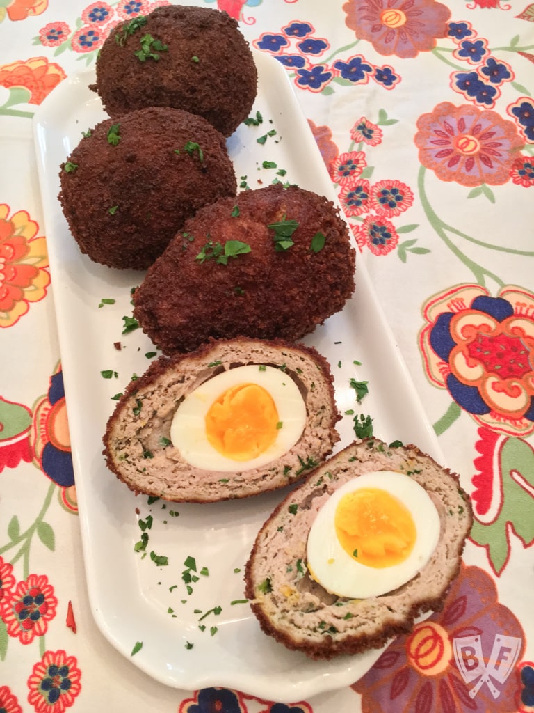 Turkey-Scotch Eggs: A panko-crusted homemade sausage mix makes the perfect crispy coating for this beautifully decadent English egg recipe.