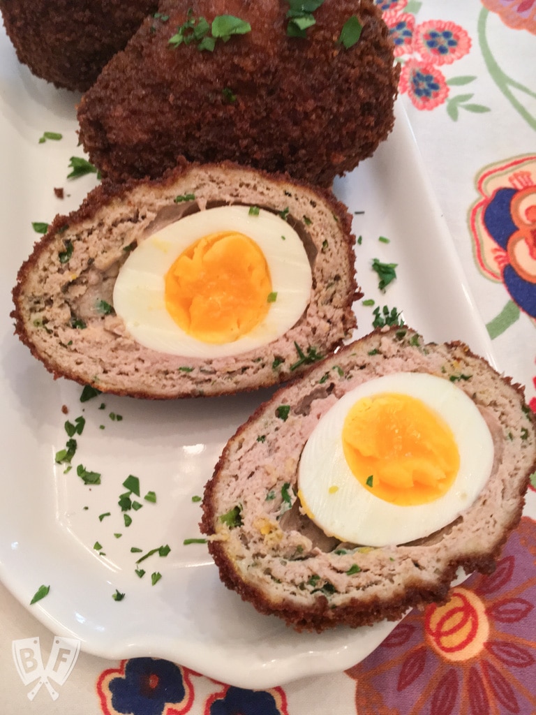 Turkey-Scotch Eggs: A panko-crusted homemade sausage mix makes the perfect crispy coating for this beautifully decadent English egg recipe.