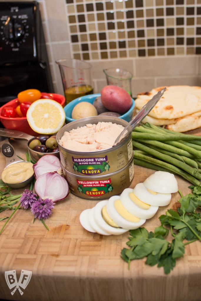 A collection of ingredients for Grilled Niçoise Salad Flatbreads.