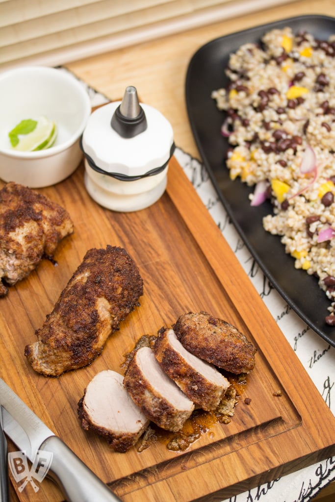 Veggie-and-Spice-Crusted Pork Tenderloin with Tropical Buckwheat Salad: This installment of Big Flavors from a Mystery Basket turns ingredients sent to me from a Hoosier food blogger into a delicious dinner with Southwest flair.