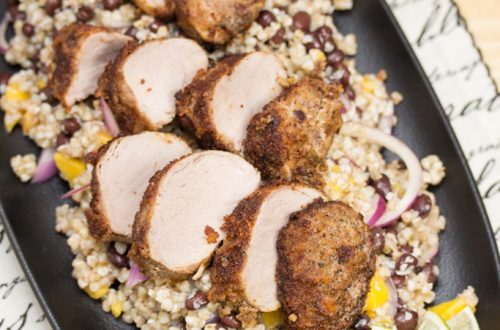 Veggie-and-Spice-Crusted Pork Tenderloin with Tropical Buckwheat Salad: This installment of Big Flavors from a Mystery Basket turns ingredients sent to me from a Hoosier food blogger into a delicious dinner with Southwest flair.