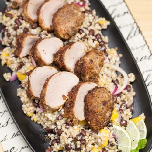 Veggie-and-Spice-Crusted Pork Tenderloin with Tropical Buckwheat Salad: This installment of Big Flavors from a Mystery Basket turns ingredients sent to me from a Hoosier food blogger into a delicious dinner with Southwest flair.