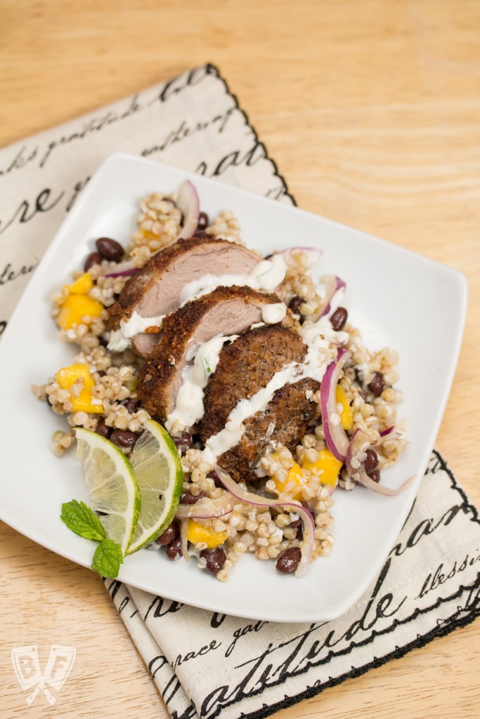 Veggie-and-Spice-Crusted Pork Tenderloin with Tropical Buckwheat Salad: This installment of Big Flavors from a Mystery Basket turns ingredients sent to me from a Hoosier food blogger into a delicious dinner with Southwest flair.