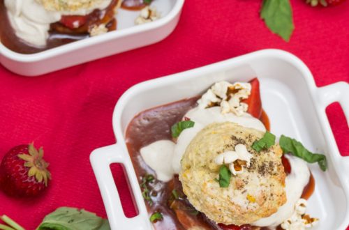 2 dishes of strawberry basil shortcake with popcorn.
