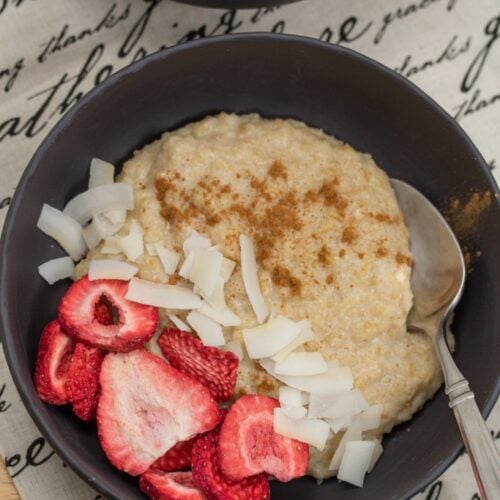 Kamut Breakfast Porridge: Freshly milled grain adds a whole new dimension + loads of nutrition to this simple breakfast cereal. Plus a review of the Mockmill stand mixer attachment. #ad