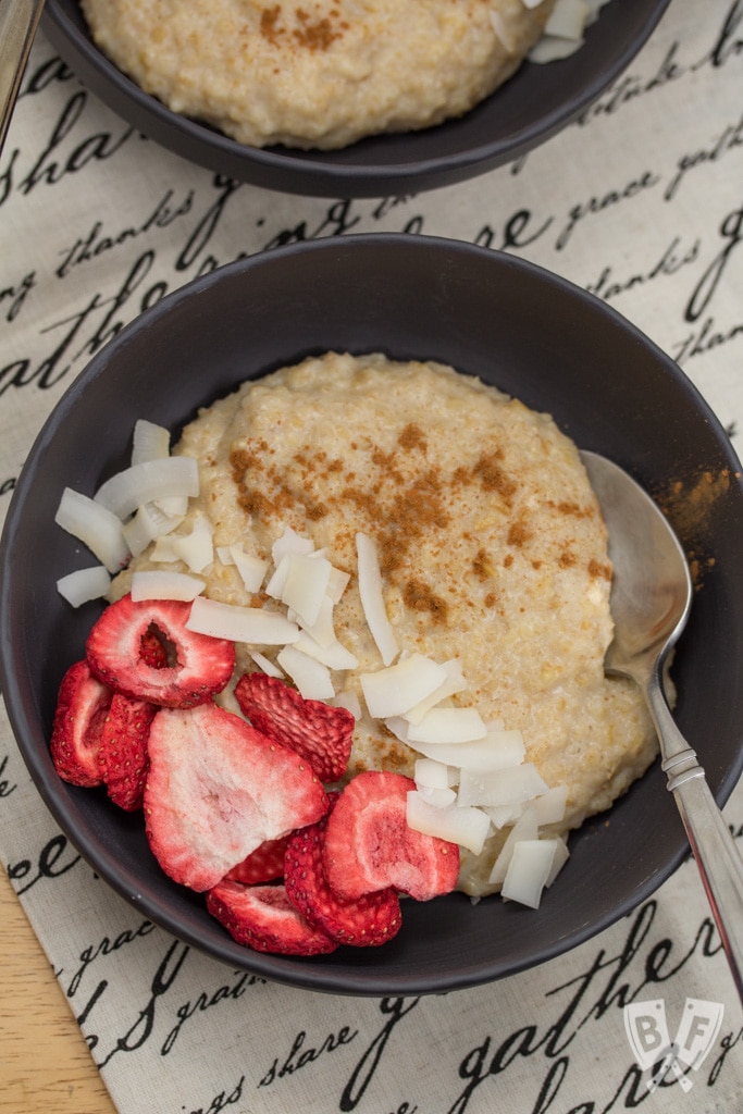 Kamut Breakfast Porridge: Freshly milled grain adds a whole new dimension + loads of nutrition to this simple breakfast cereal. Plus a review of the Mockmill stand mixer attachment. #ad #Mockmill