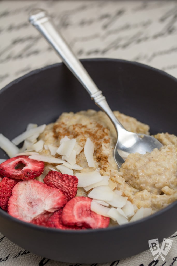 Kamut Breakfast Porridge: Freshly milled grain adds a whole new dimension + loads of nutrition to this simple breakfast cereal. Plus a review of the Mockmill stand mixer attachment. #ad #Mockmill