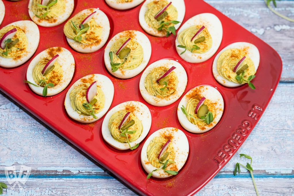 French-Inspired Deviled Eggs: These mayo-free beauties get a big boost of flavor from fresh tarragon, cornichons and dijon. #StonyfieldBlogger