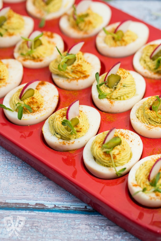 French-Inspired Deviled Eggs: These mayo-free beauties get a big boost of flavor from fresh tarragon, cornichons and dijon. #StonyfieldBlogger