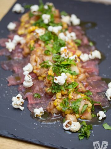 Bluecoast’s Raw Tuna with Pickled Peach & Corn Relish: Freshly popped popcorn is a fun, slightly crunchy topping for this silky smooth seafood starter. #BigFlavorsFromARestaurantKitchen