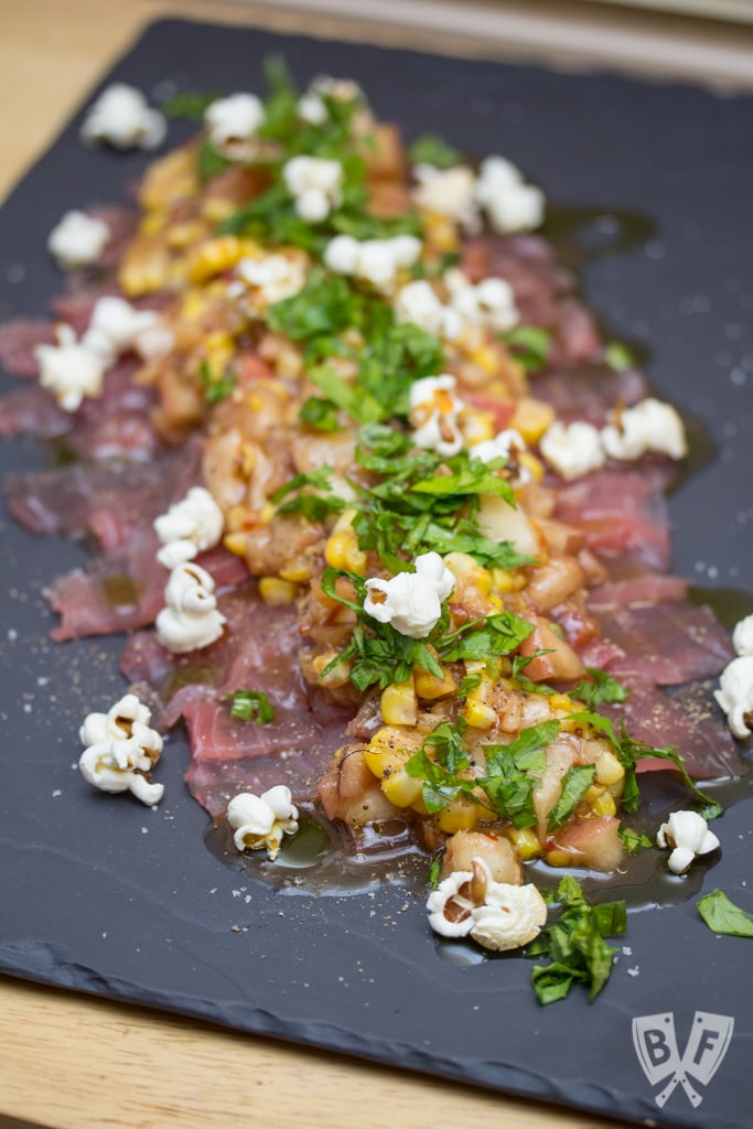 Bluecoast’s Raw Tuna with Pickled Peach & Corn Relish: Freshly popped popcorn is a fun, slightly crunchy topping for this silky smooth seafood starter. #BigFlavorsFromARestaurantKitchen