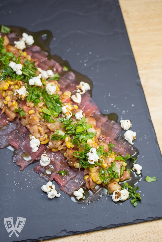 Bluecoast’s Raw Tuna with Pickled Peach & Corn Relish: Freshly popped popcorn is a fun, slightly crunchy topping for this silky smooth seafood starter. #BigFlavorsFromARestaurantKitchen