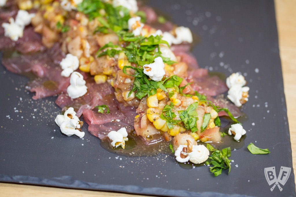 Bluecoast’s Raw Tuna with Pickled Peach & Corn Relish: Freshly popped popcorn is a fun, slightly crunchy topping for this silky smooth seafood starter. #BigFlavorsFromARestaurantKitchen