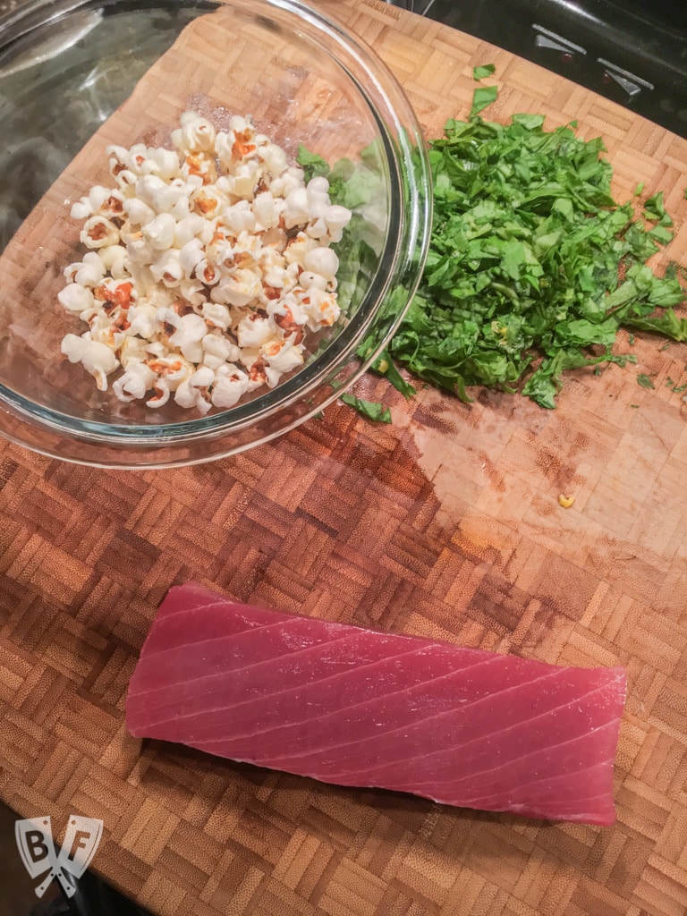 Bluecoast’s Raw Tuna with Pickled Peach & Corn Relish: Freshly popped popcorn is a fun, slightly crunchy topping for this silky smooth seafood starter. #BigFlavorsFromARestaurantKitchen