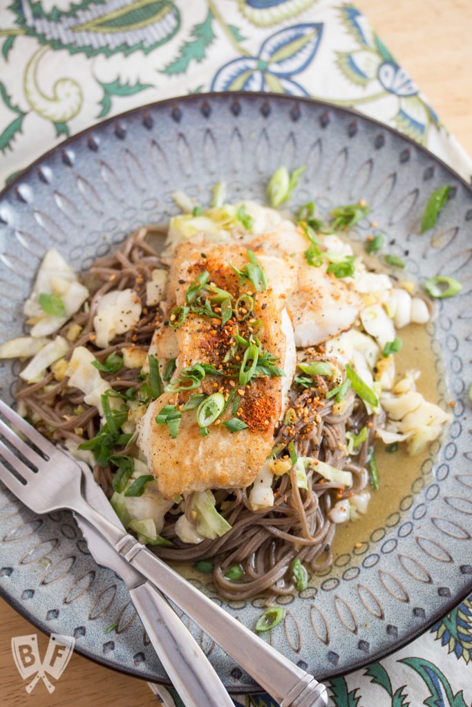 Crispy Cod & Yuzu-Shoyu Soba with Napa Cabbage: a refreshing Japanese seafood meal with a kick!