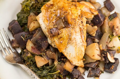Seared Chicken with Sautéed Purple Potatoes, Kale & Apple: A simple, rich pan sauce is the perfect finish for this comfort food dinner.