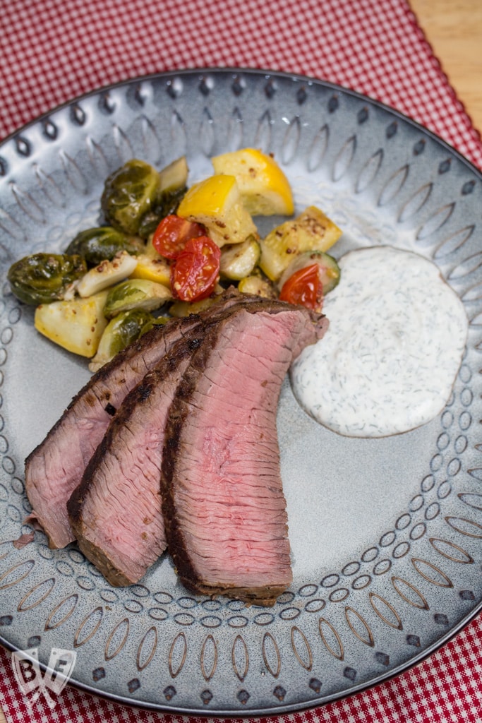 Chimichurri Marinated London Broil: An herb-packed marinade + flavorful dipping sauce boost the flavor of this reverse seared steak.