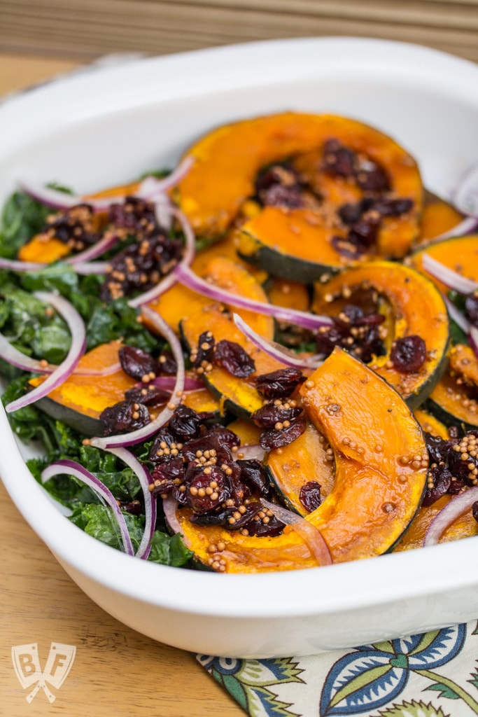 Roasted Kabocha and Kale Salad: Dried cranberries are steeped in a sweet-and-tangy mix that becomes the dressing for this colorful autumn dish.