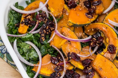 Roasted Kabocha and Kale Salad: Dried cranberries are steeped in a sweet-and-tangy mix that becomes the dressing for this colorful autumn dish.