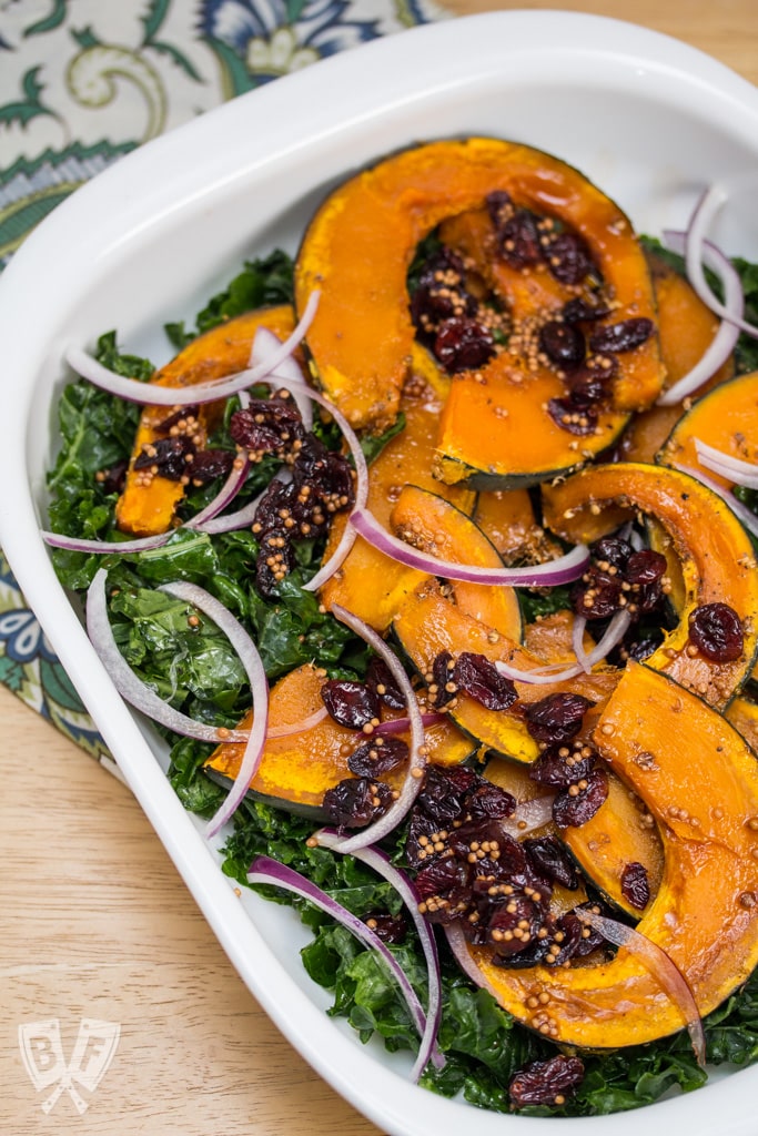 Roasted Kabocha and Kale Salad: Dried cranberries are steeped in a sweet-and-tangy mix that becomes the dressing for this colorful autumn dish.