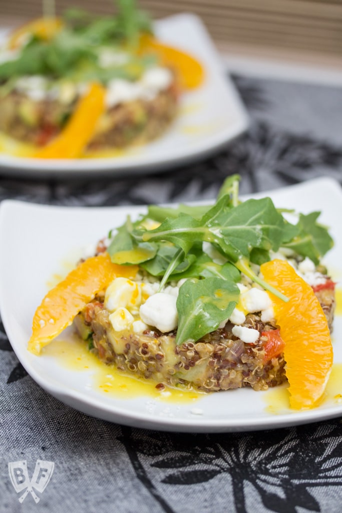 Pax Romana's Quinoa Salad with Mixed Vegetable, Goat Cheese & Orange Dressing: No more boring quinoa salad recipes! Fresh orange zest and juice go into the bold, bright vinaigrette for this beautifully plated restaurant recipe. #BigFlavorsFromARestaurantKitchen