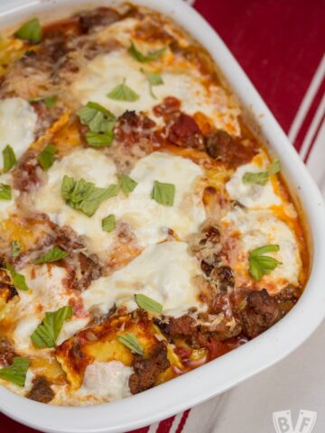 Ravioli Lasagna: An Italian classic in a fraction of the time! Refrigerated pasta + your favorite marinara team up for an easy weeknight meal.