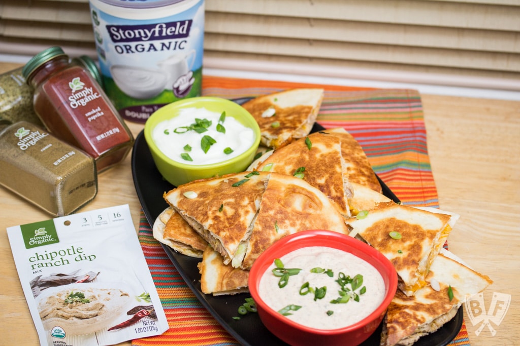 Chicken Quesadillas with Chipotle Ranch Dip: Simply seasoned chicken thighs are cooked in the Instant Pot till tender, then shredded + sandwiched between 2 types of cheese in this delicious recipe. #StonyfieldBlogger #OrganicMoments #ad