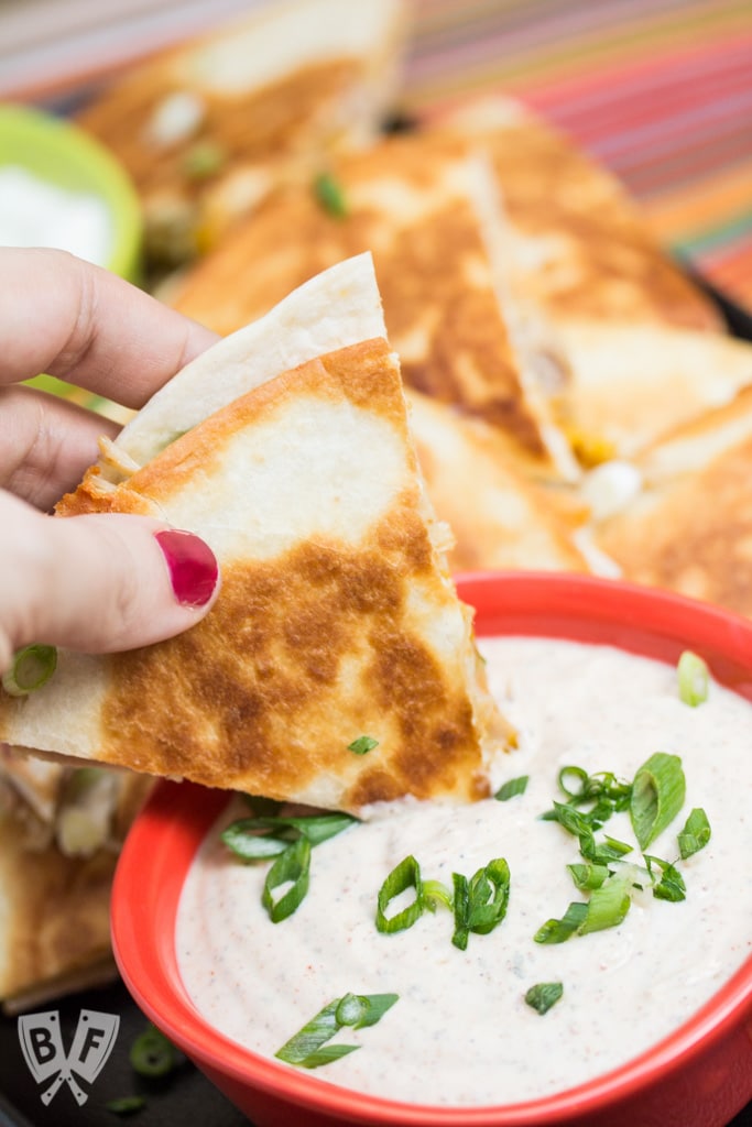 Chicken Quesadillas with Chipotle Ranch Dip: Simply seasoned chicken thighs are cooked in the Instant Pot till tender, then shredded + sandwiched between 2 types of cheese in this delicious recipe. #StonyfieldBlogger #OrganicMoments #ad