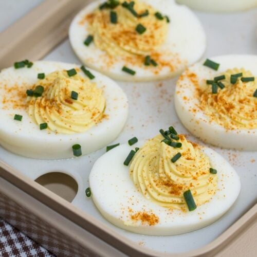 Close-up view of a platter of deviled eggs.