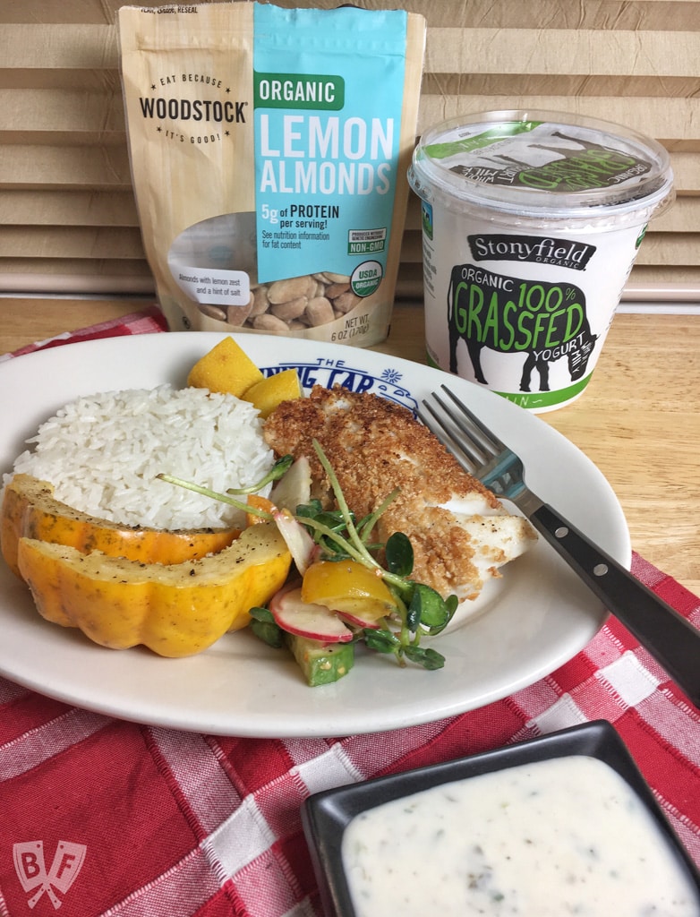 Lemony Almond Crusted Cod with Homemade Mayo-Free Tartar Sauce: Cod is coated with ground almonds and pan fried till beautifully flaky & tender in this delicious seafood recipe. Serve with my easy homemade tartar sauce! #StonyfieldBlogger #ad