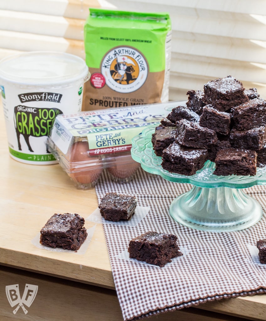 Rich Cocoa Brownie Bites: Bust out your favorite cocoa powder and satisfy your brownie cravings with this super rich, bite-sized chocolate-packed dessert. Plus B Corp basics. #StonyfieldBlogger #ad