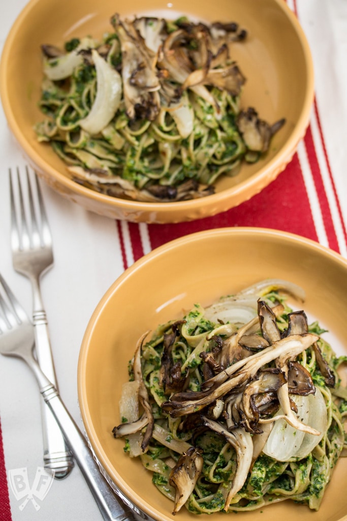 Farmer Fettuccine with Kale Pesto + Roasted Maitake Mushrooms: Celebrate spring's bounty with this gorgeously green bowl of farm fresh, vegan comfort food! #BigFlavorsFromTheFarm