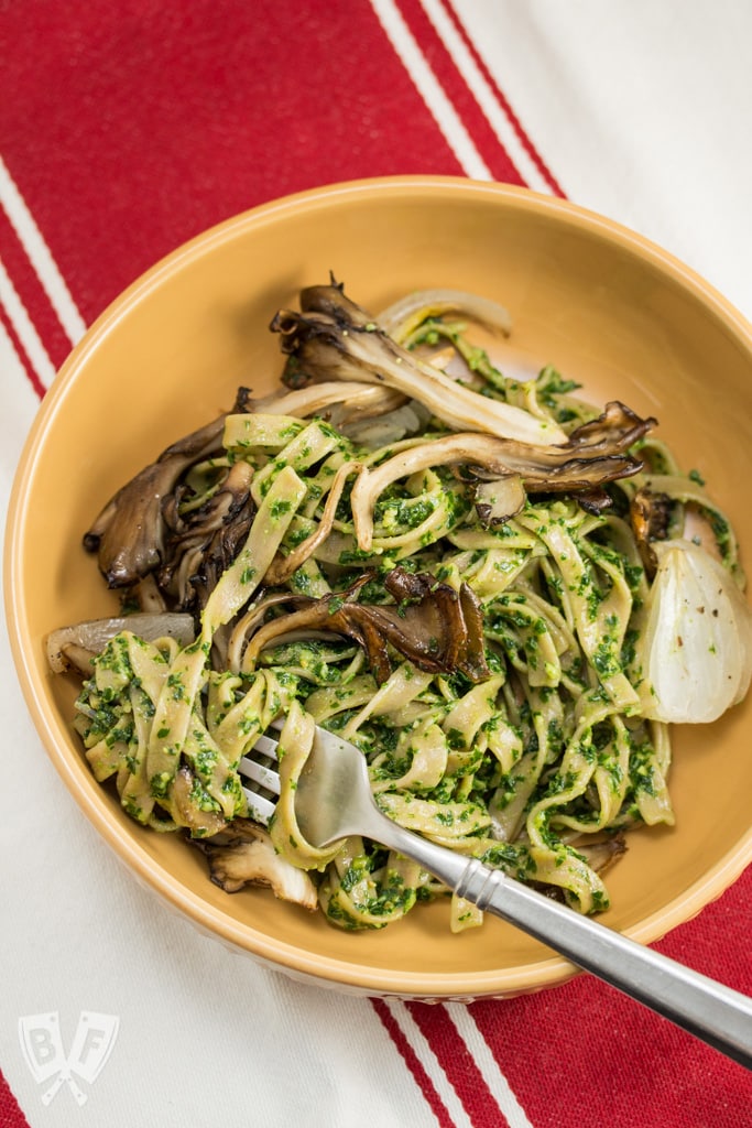 Farmer Fettuccine with Kale Pesto + Roasted Maitake Mushrooms: Celebrate spring's bounty with this gorgeously green bowl of farm fresh, vegan comfort food! #BigFlavorsFromTheFarm