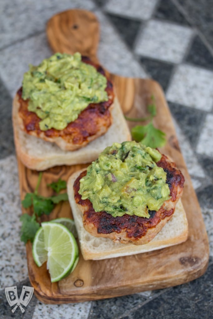 Bar-B-Q Turkey Burgers with Grilled Pineapple Guacamole: Grilled pineapple-studded guacamole is piled on top of these turkey burgers that have been brushed with a sweet-and-spicy bar-b-q sauce. #ad