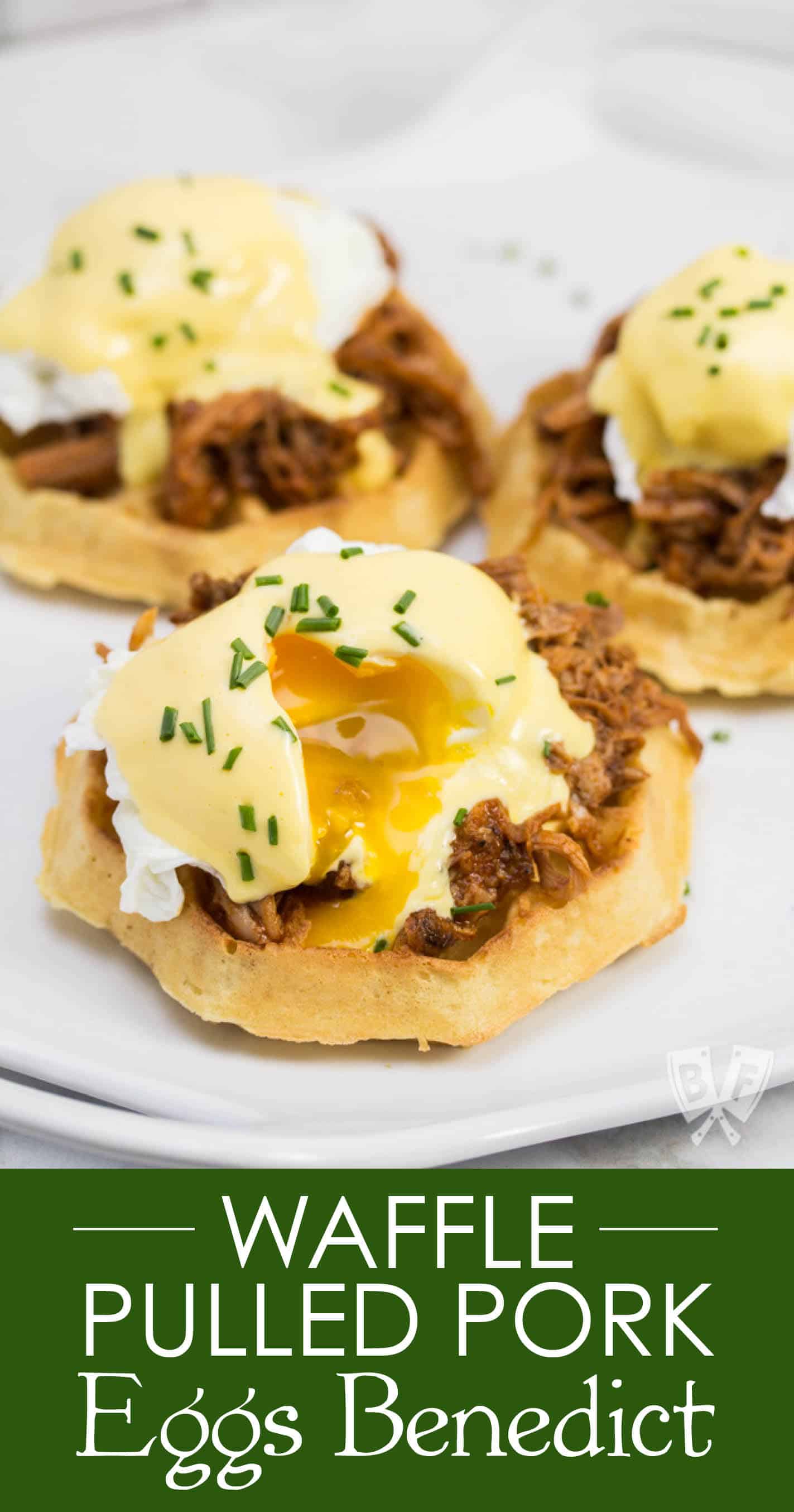 Thick, fluffy waffles are the perfect base for this sweet-and-salty BBQ pulled pork eggs Benedict topped with blender hollandaise sauce. #LeggoMyEggo #HearTheNews #CollectiveBias #shop #ad